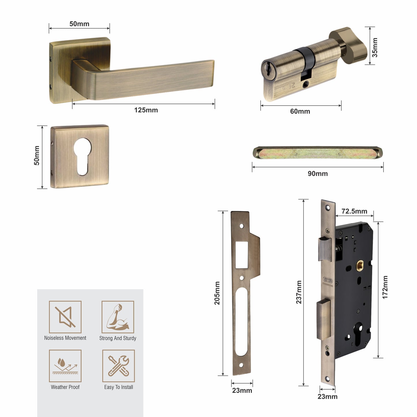 Brass Rosette Handle| 60mm Brass Cylinder | 3 Brass Keys | One-side knob