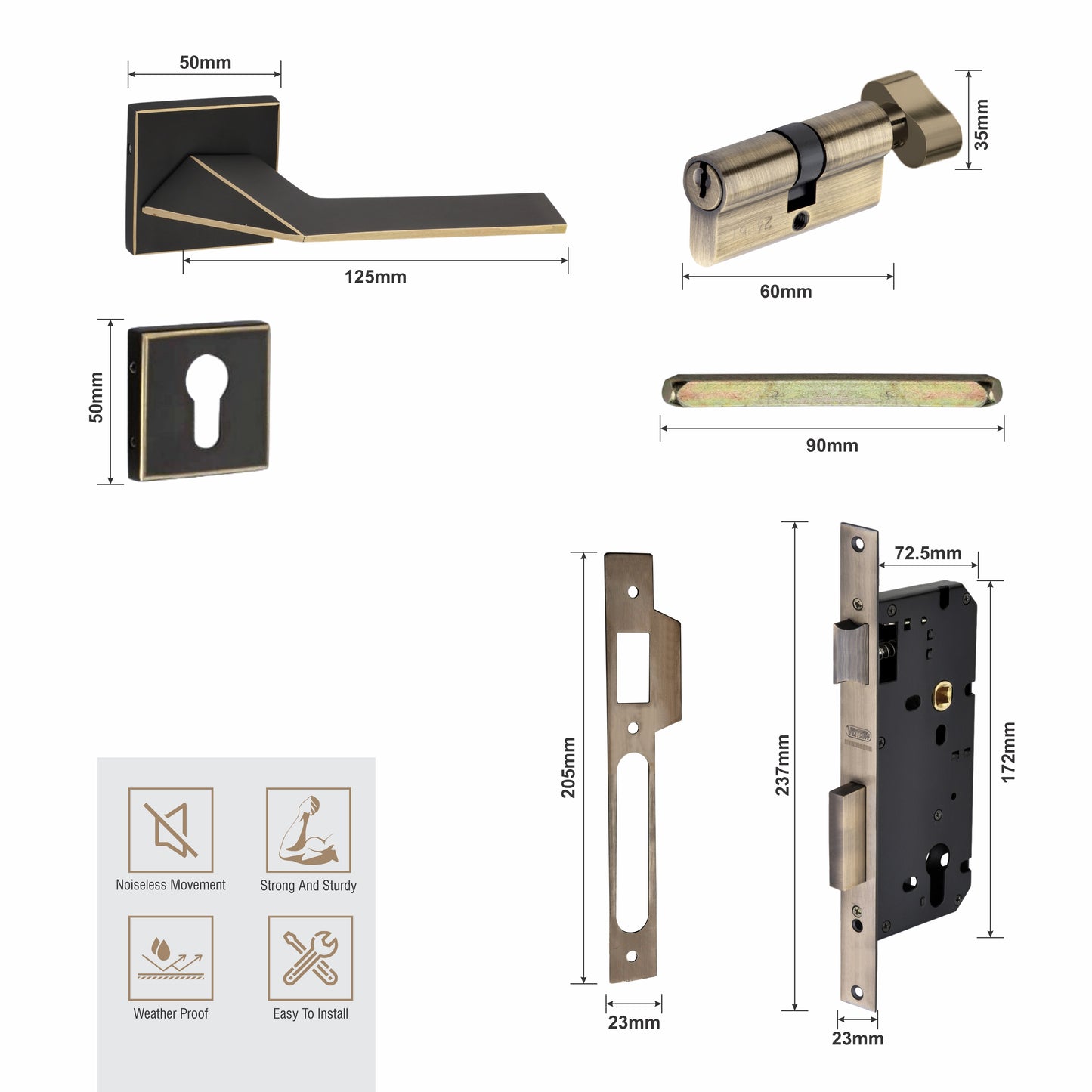 Brass Rosette Handle| 60mm Brass Cylinder | 3 Brass Keys | One-side knob