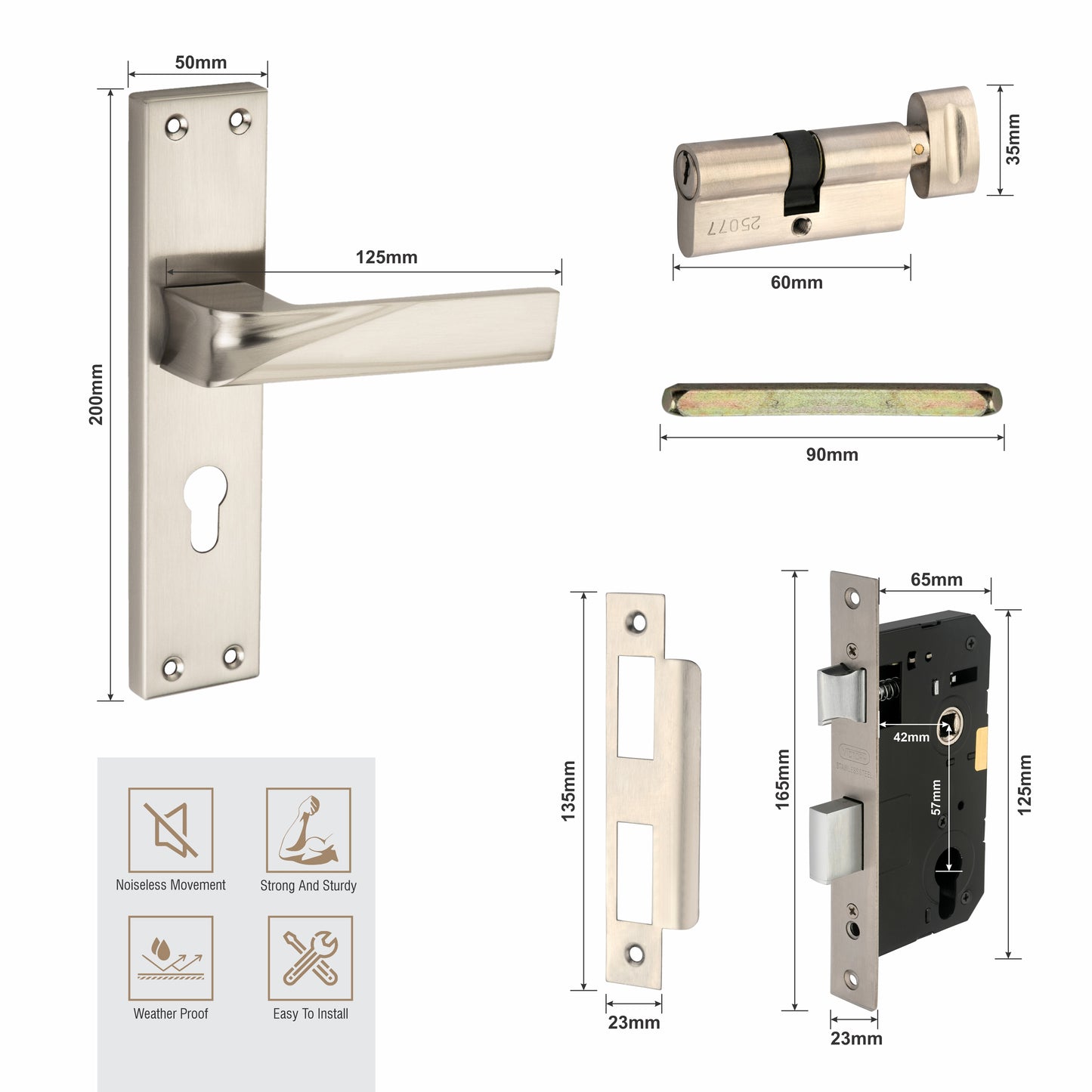 Stainless Steel Mortise Lock | 60mm Brass Cylinder | 3 Brass Keys | One-Side Knob
