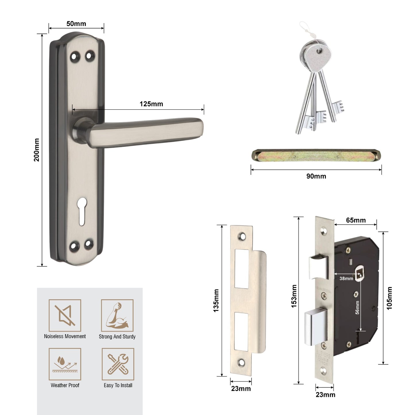 Steel Mortise Handle Lock Set with | 3 Keys
