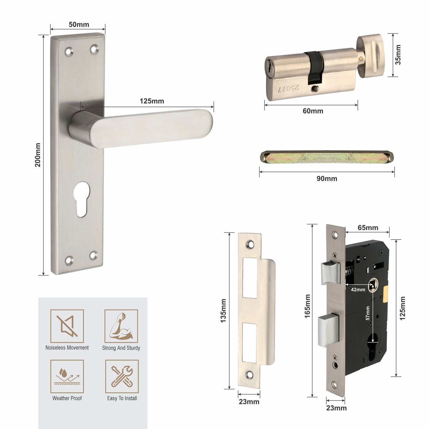 Stainless Steel Mortise Lock| 60mm Brass Cylinder | 3 Brass Keys| One-Side Knob