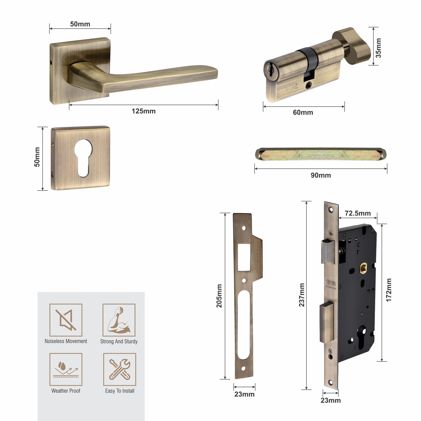 Brass Rosette Handle| 60mm Brass Cylinder | 3 Brass Keys | One-side knob