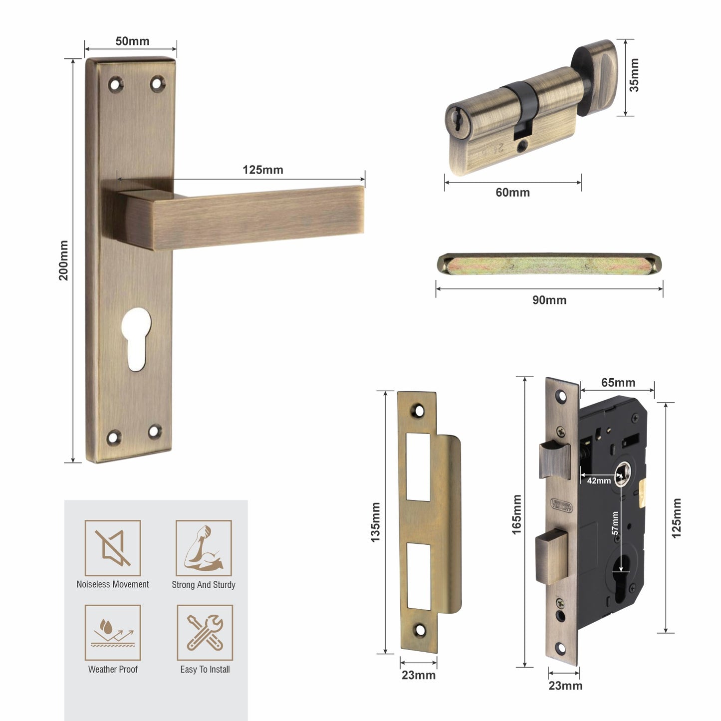 Stainless Steel Mortise Lock| 60mm Brass Cylinder | 3 Brass Keys| One-Side Knob