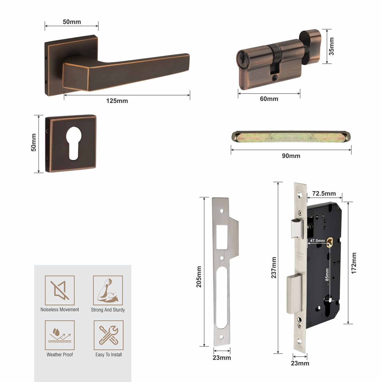 Brass Rosette Handle| 60mm Brass Cylinder | 3 Brass Keys | One-side knob