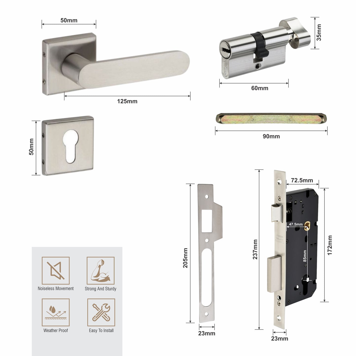 Stainless Steel Rosette Handle | 60mm Cylinder | 3 Brass Keys | One-Side Knob