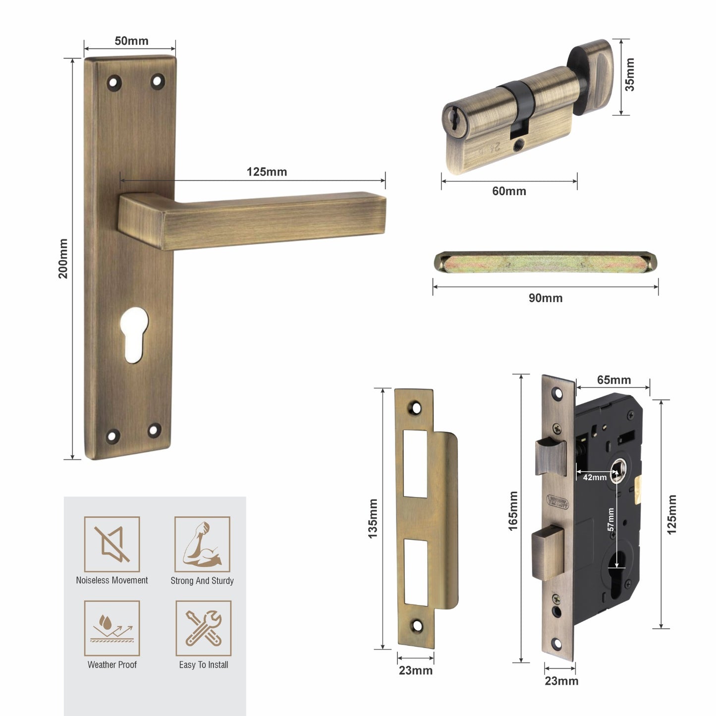Stainless Steel Mortise Lock | 60mm Brass Cylinder | 3 Brass Keys | One-Side Knob