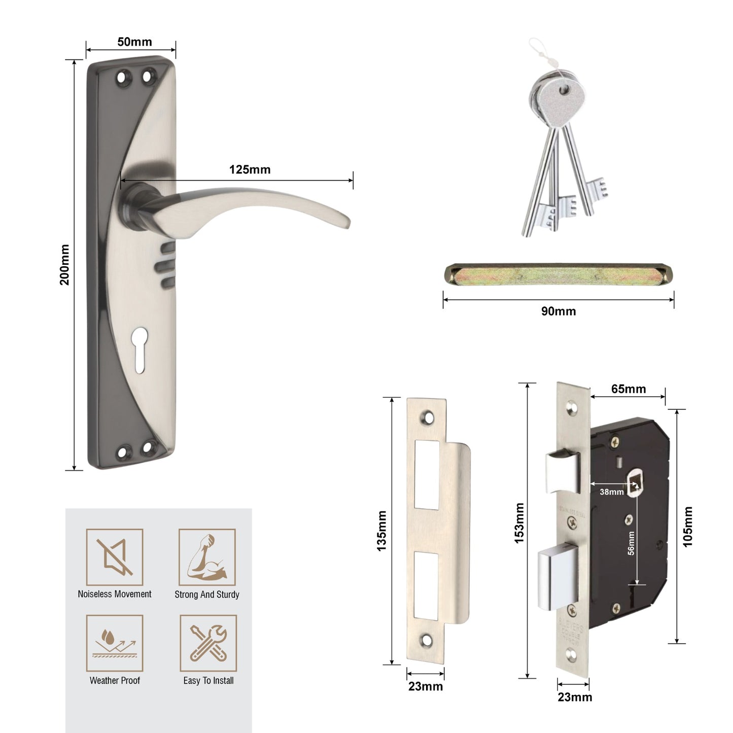 Steel Mortise Handle Lock Set with | 3 Keys