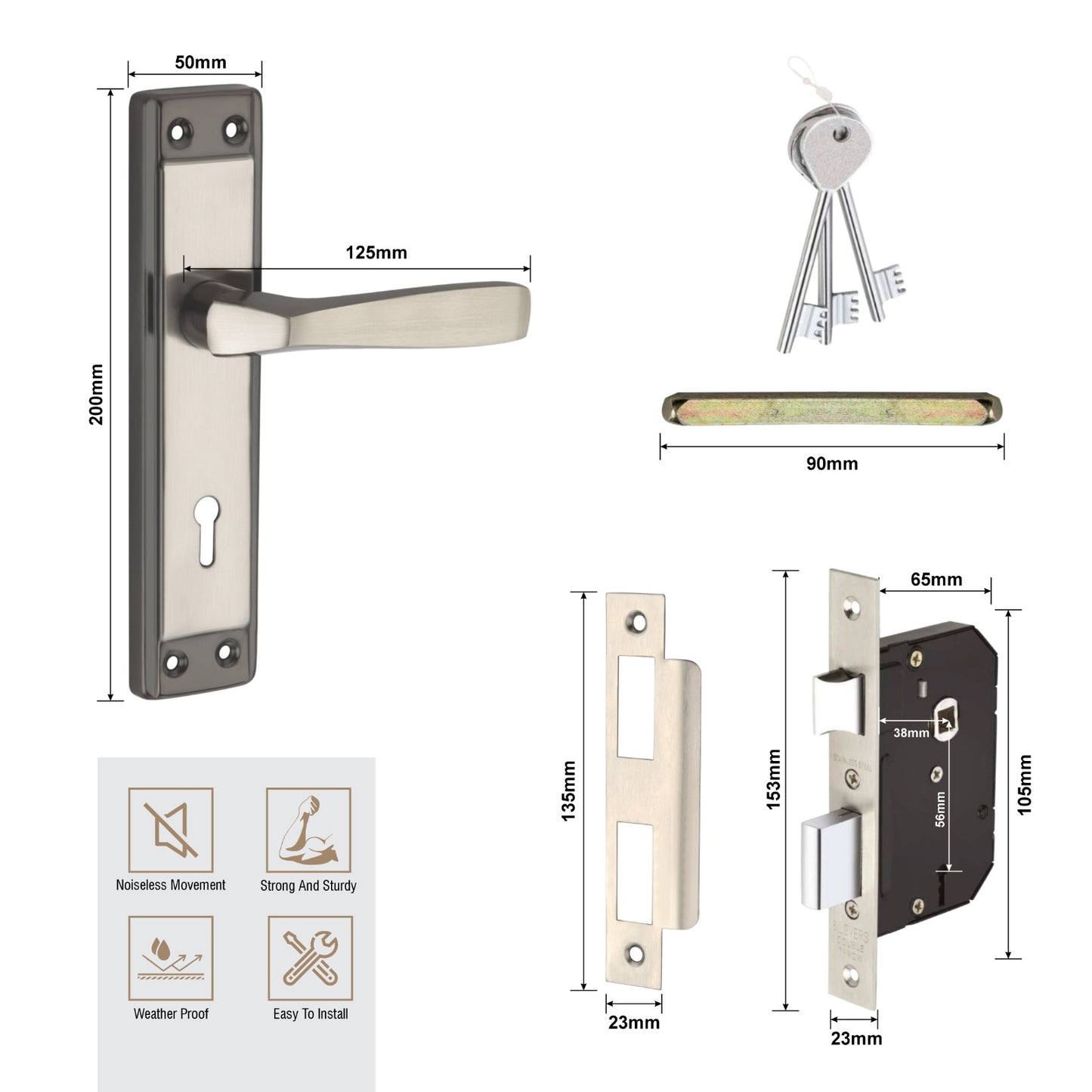 Steel Mortise Handle Lock Set with | 3 Keys