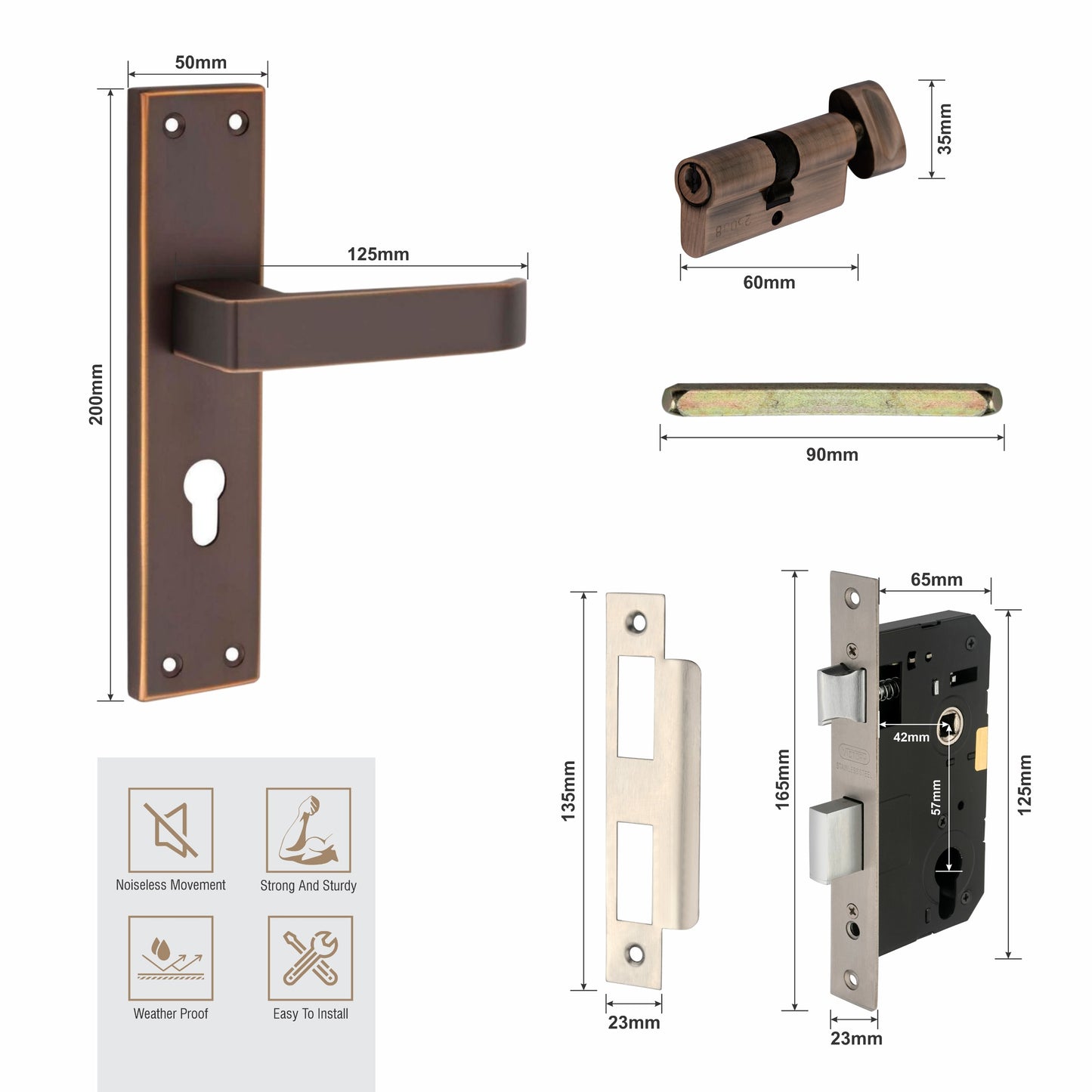 Stainless Steel Mortise Lock| 60mm Brass Cylinder | 3 Brass Keys| One-Side Knob