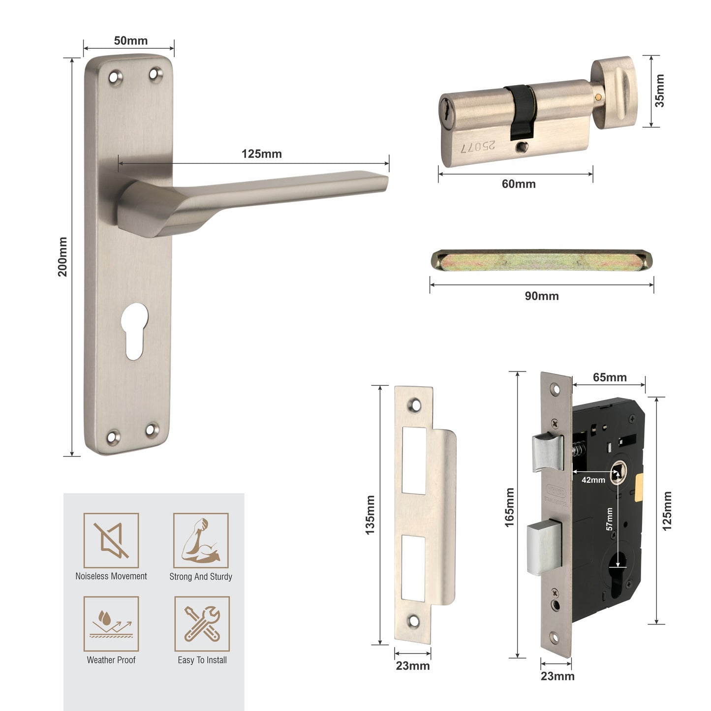 Stainless Steel Mortise Lock | 60mm Brass Cylinder | 3 Brass Keys | One-Side Knob