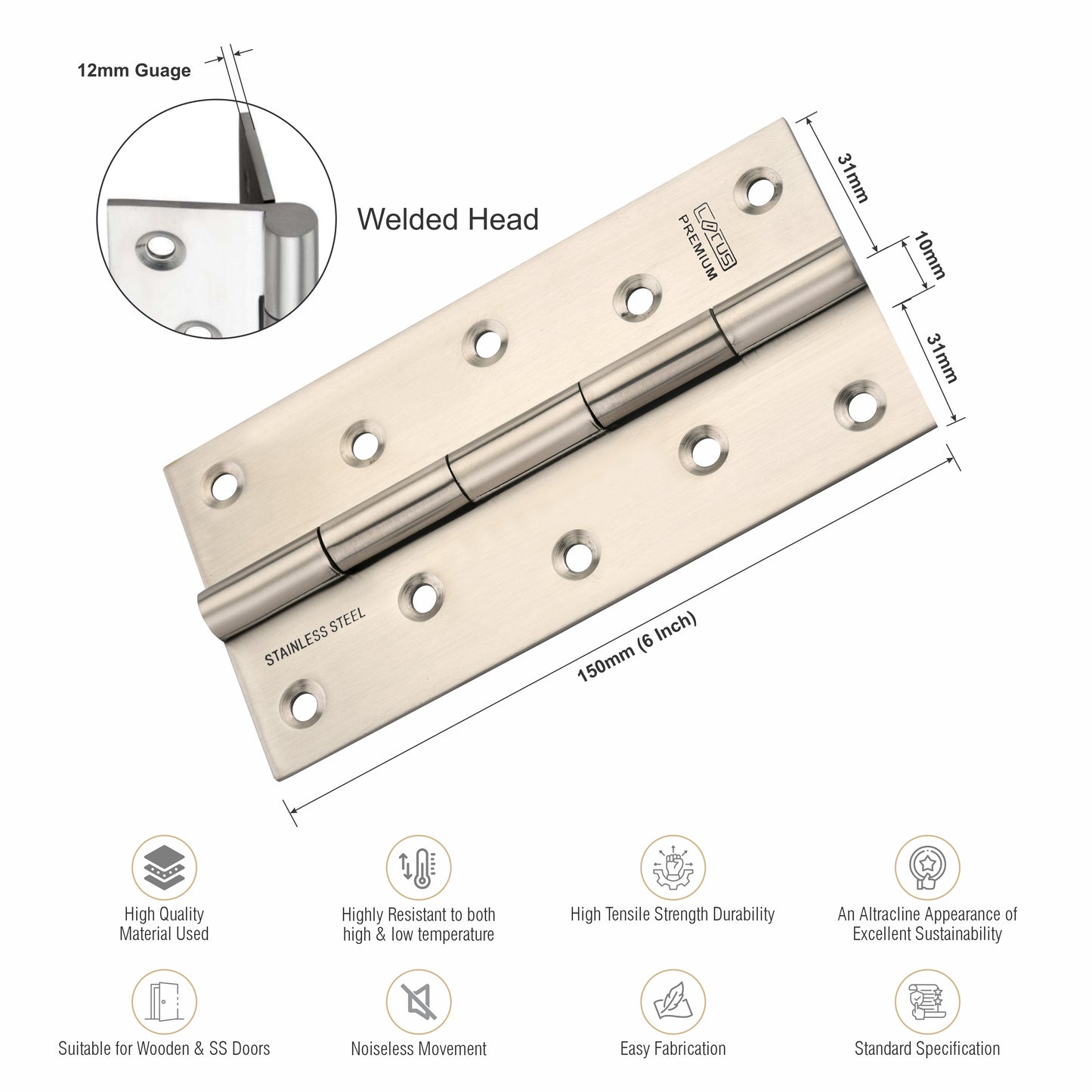 Stainless Steel Premium Hinges | 6×12 | Pack of 9 Pcs.