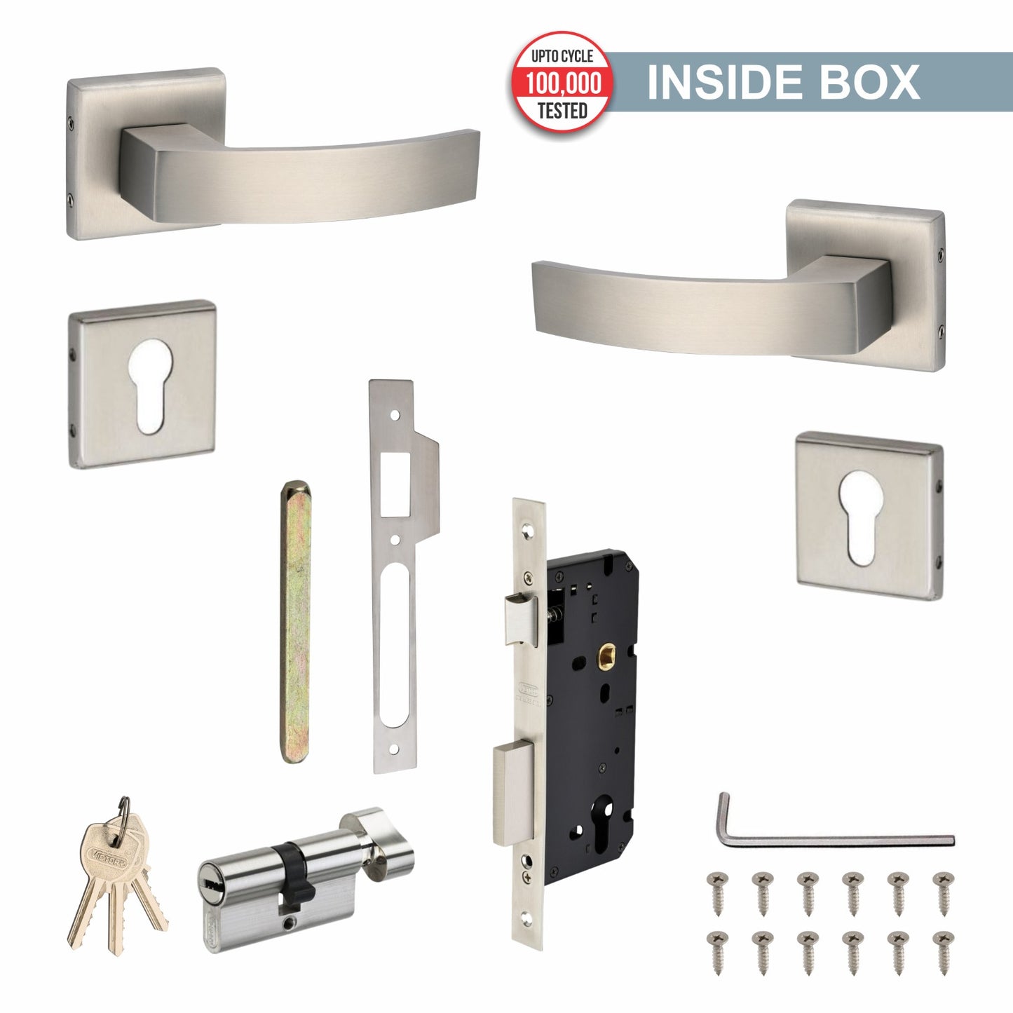 Stainless Steel Rosette Handle | 60mm Cylinder | 3 Brass Keys | One-Side Knob