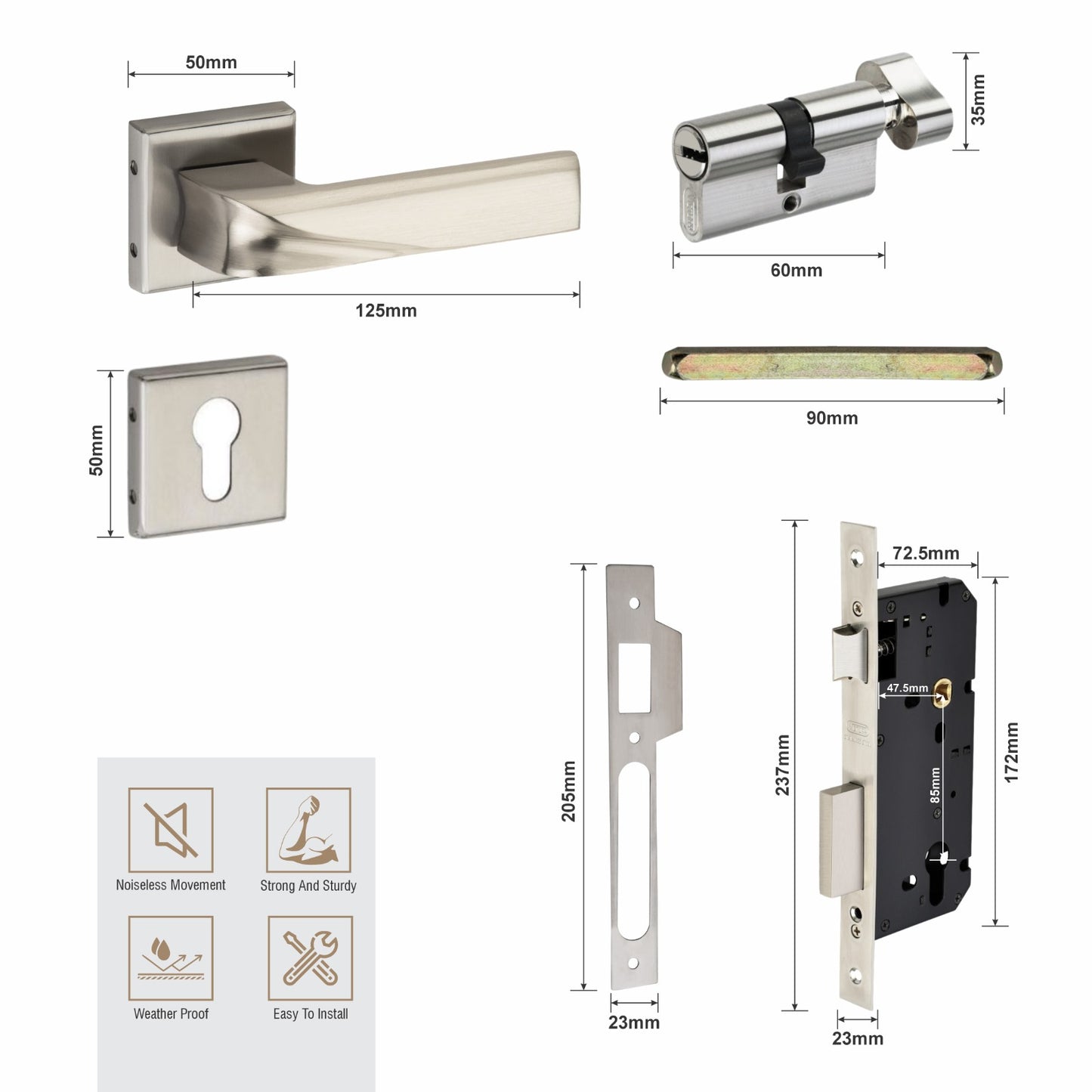 Stainless Steel Rosette Handle | 60mm Cylinder | 3 Brass Keys | One-Side Knob