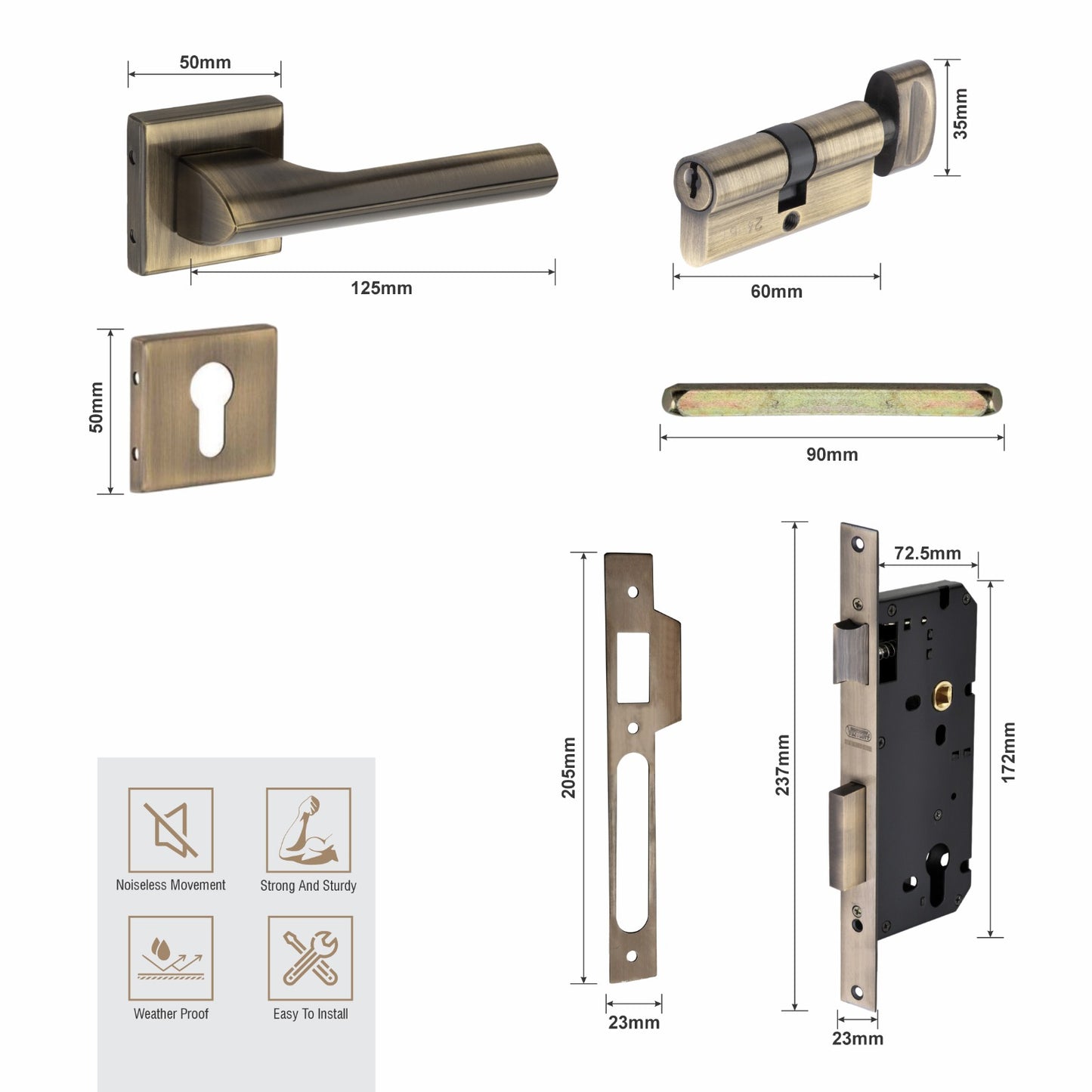 Stainless Steel Rosette Handle | 60mm Cylinder | 3 Brass Keys | One-Side Knob