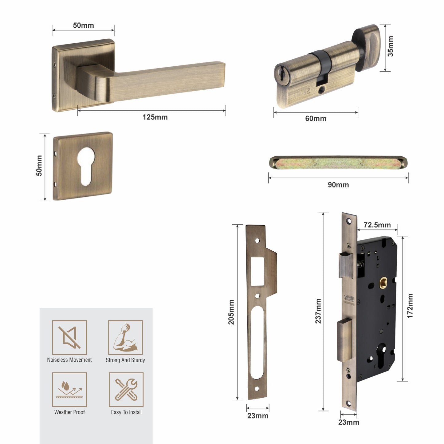 Stainless Steel Rosette Handle | 60mm Cylinder | 3 Brass Keys | One-Side Knob