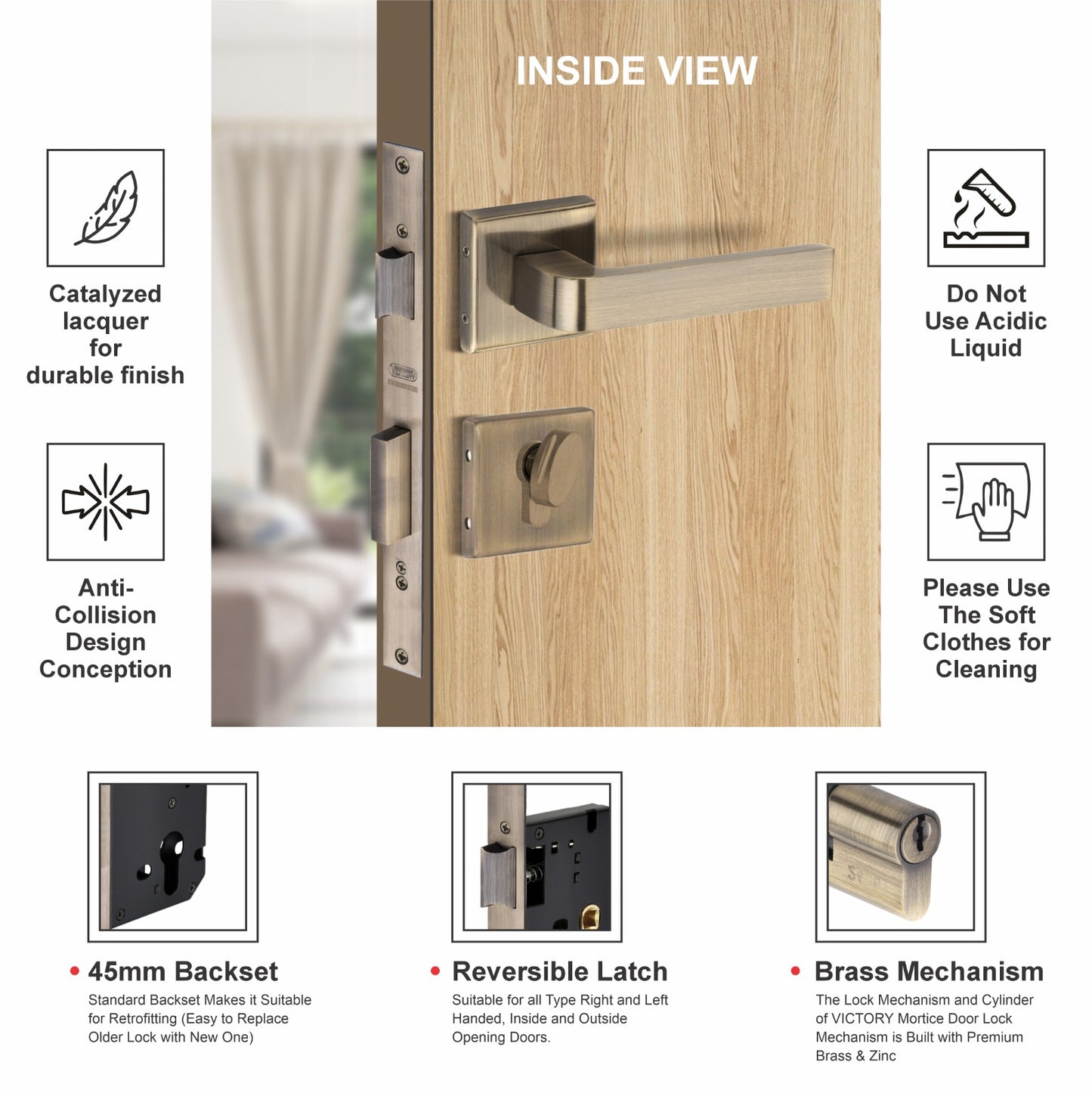 Stainless Steel Rosette Handle | 60mm Cylinder | 3 Brass Keys | One-Side Knob