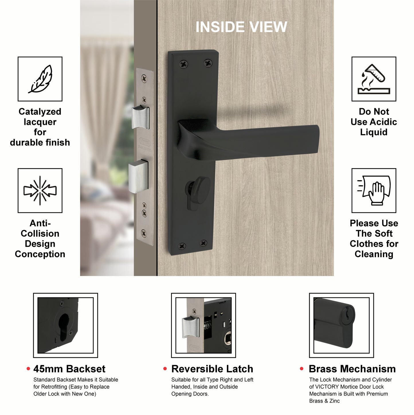 Stainless Steel Mortise Lock | 60mm Brass Cylinder | 3 Brass Keys | One-Side Knob