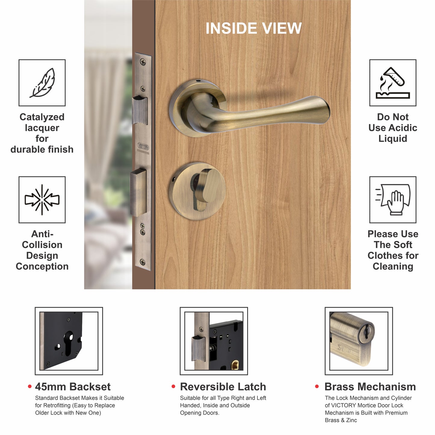 Brass Rosette Handle| 60mm Brass Cylinder | 3 Brass Keys | One-side knob