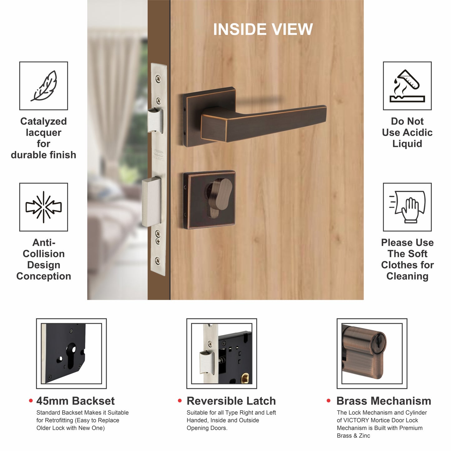 Brass Rosette Handle| 60mm Brass Cylinder | 3 Brass Keys | One-side knob