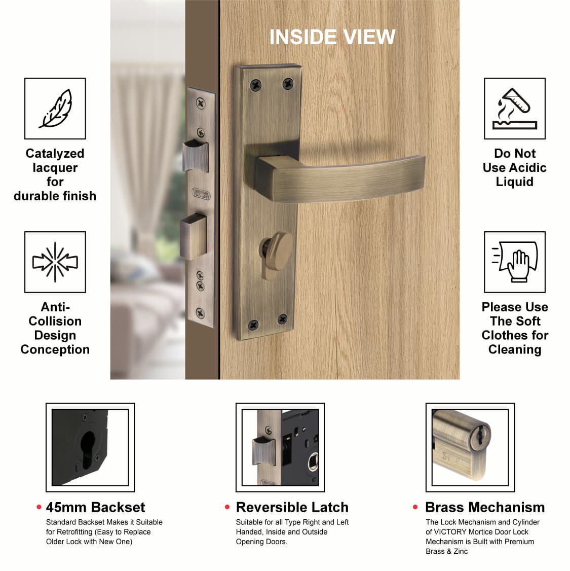 Stainless Steel Mortise Lock| 60mm Brass Cylinder | 3 Brass Keys| One-Side Knob