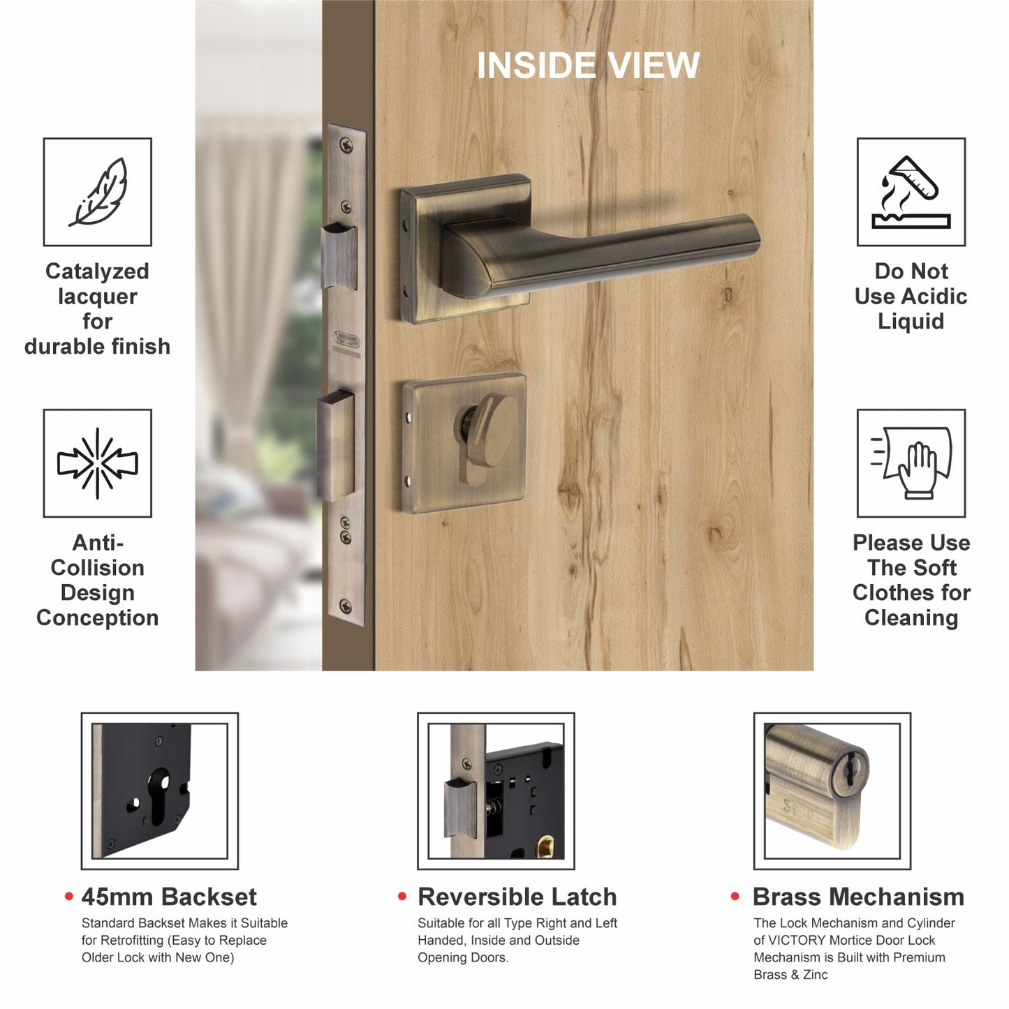 Stainless Steel Rosette Handle | 60mm Cylinder | 3 Brass Keys | One-Side Knob