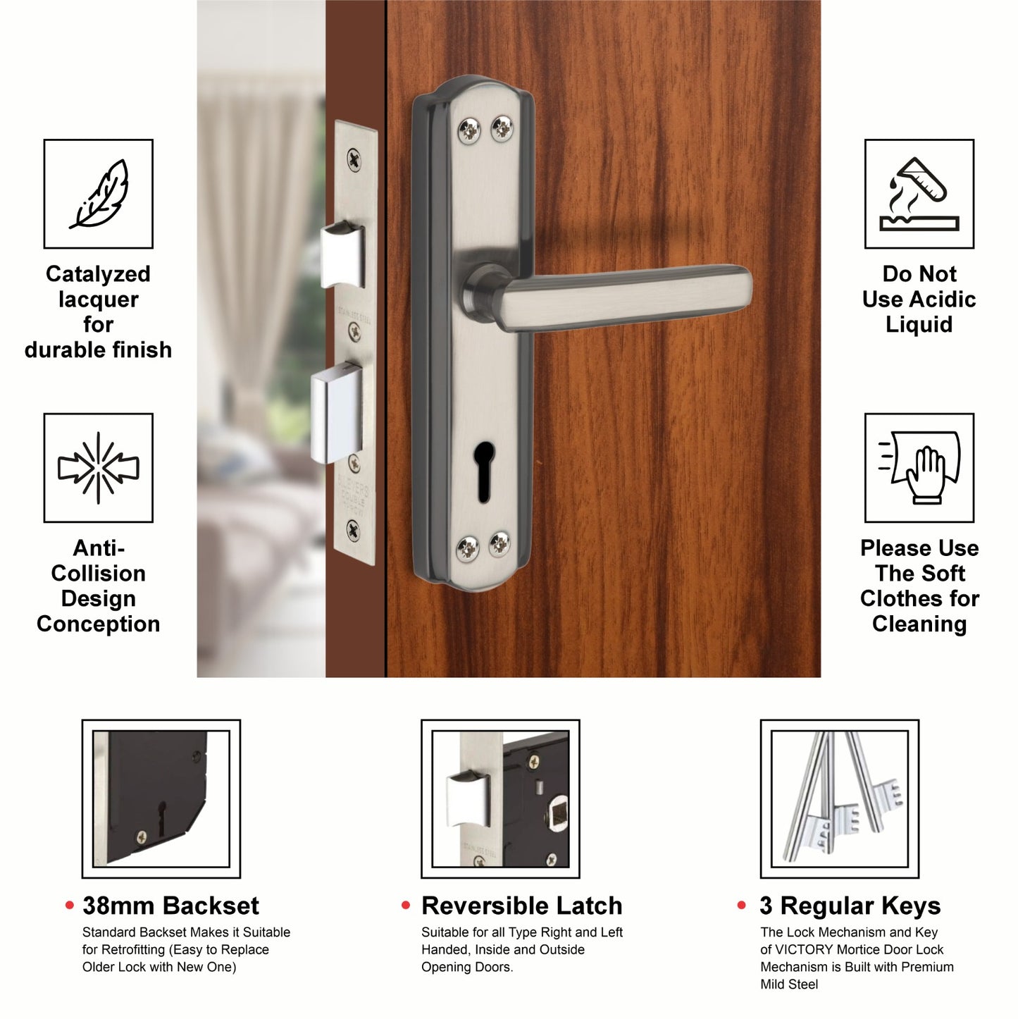 Steel Mortise Handle Lock Set with | 3 Keys