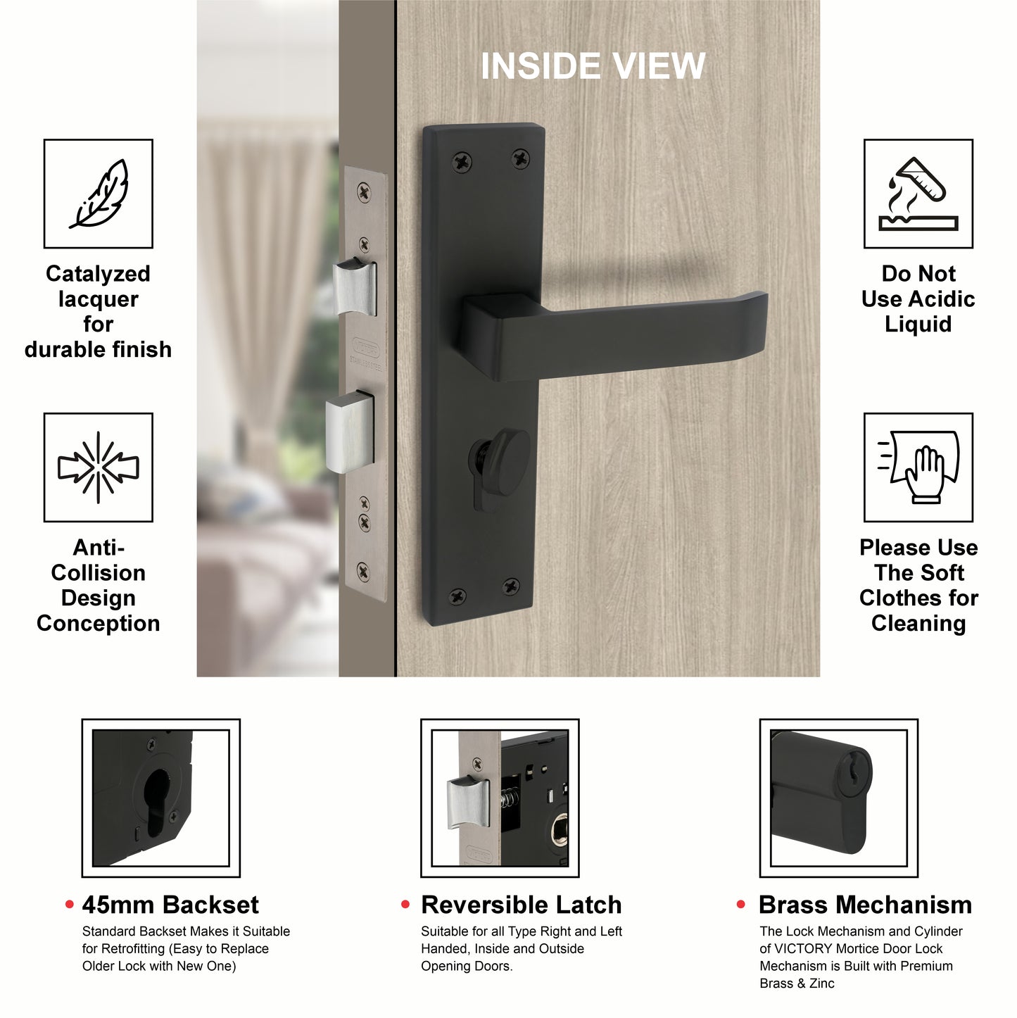 Stainless Steel Mortise Lock| 60mm Brass Cylinder | 3 Brass Keys| One-Side Knob