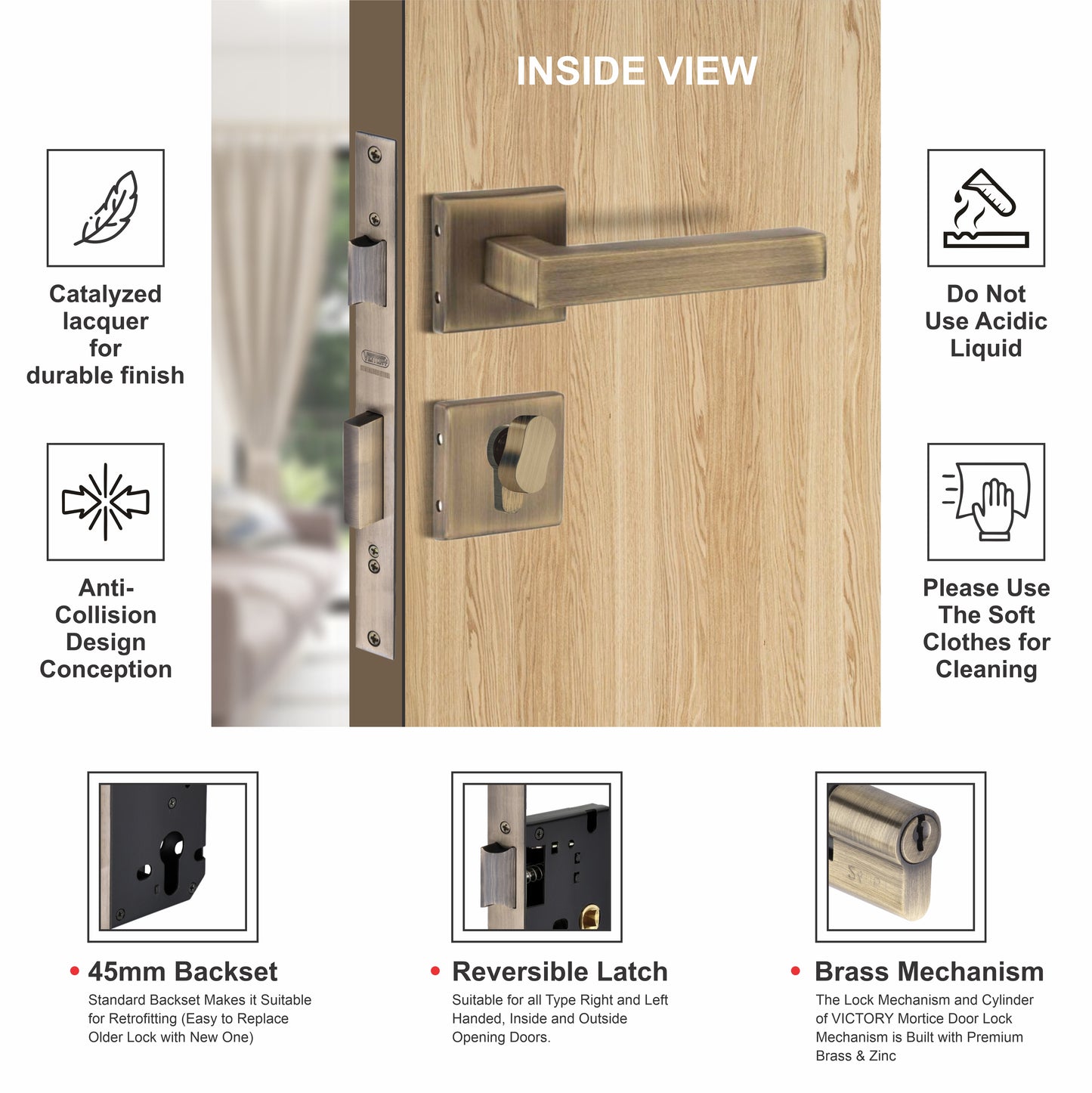 Stainless Steel Rosette Handle | 60mm Cylinder | 3 Brass Keys | One-Side Knob