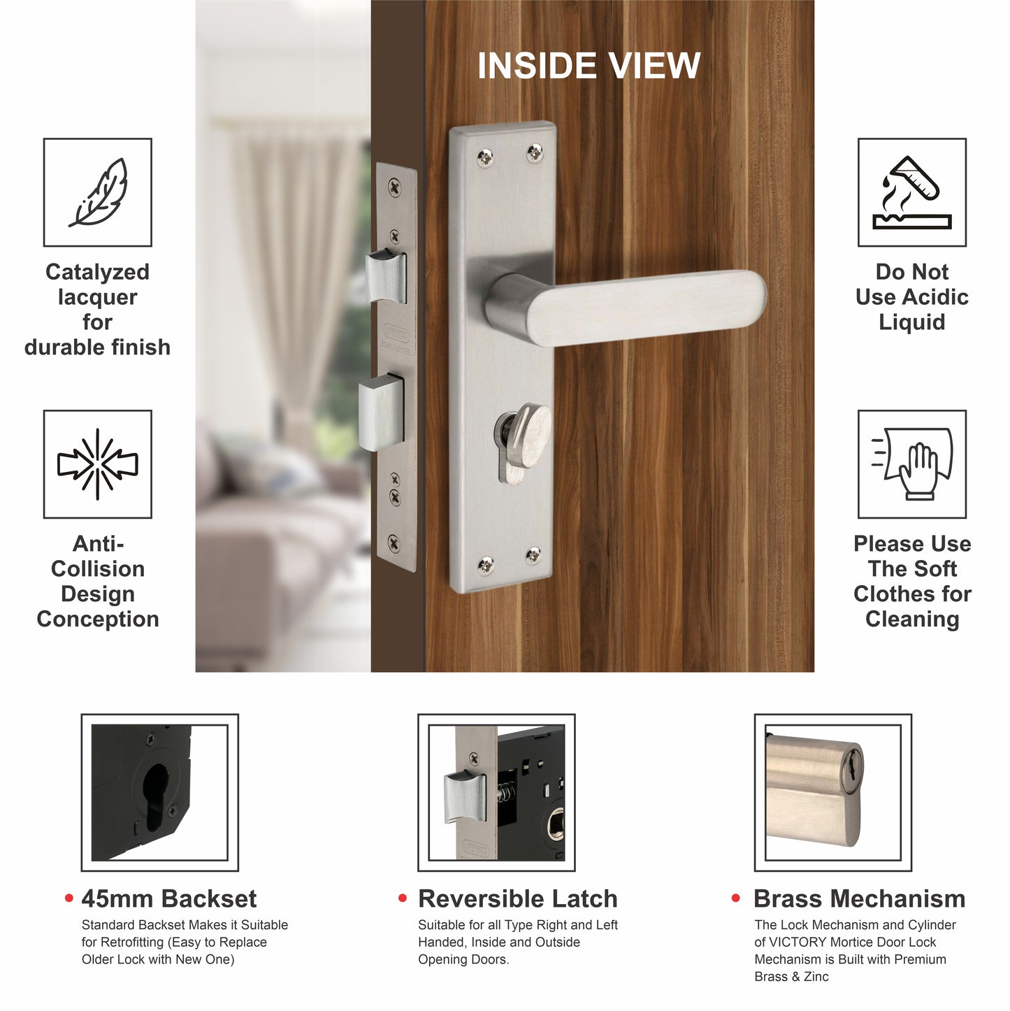 Stainless Steel Mortise Lock| 60mm Brass Cylinder | 3 Brass Keys| One-Side Knob