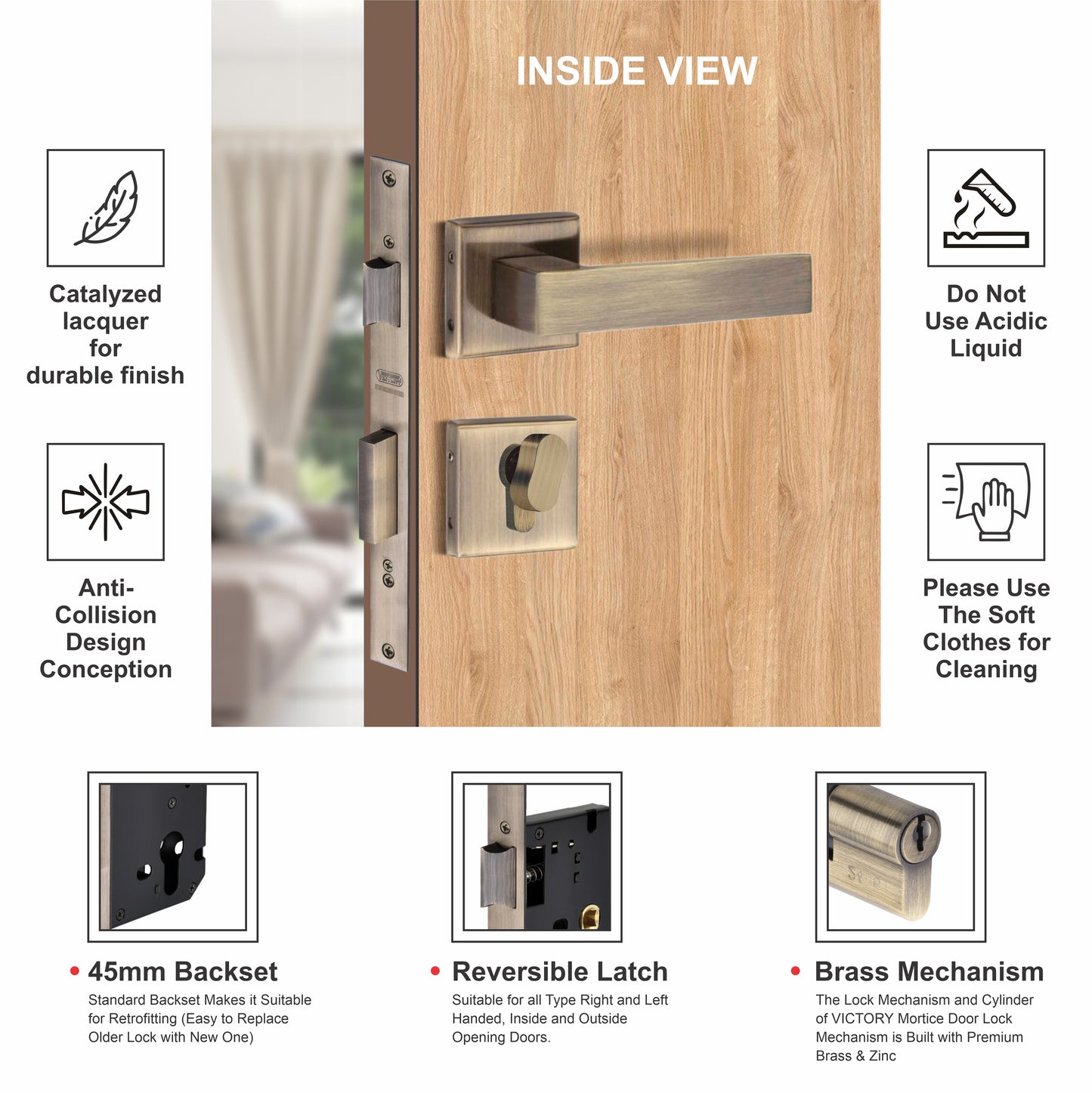 Stainless Steel Rosette Handle | 60mm Cylinder | 3 Brass Keys | One-Side Knob