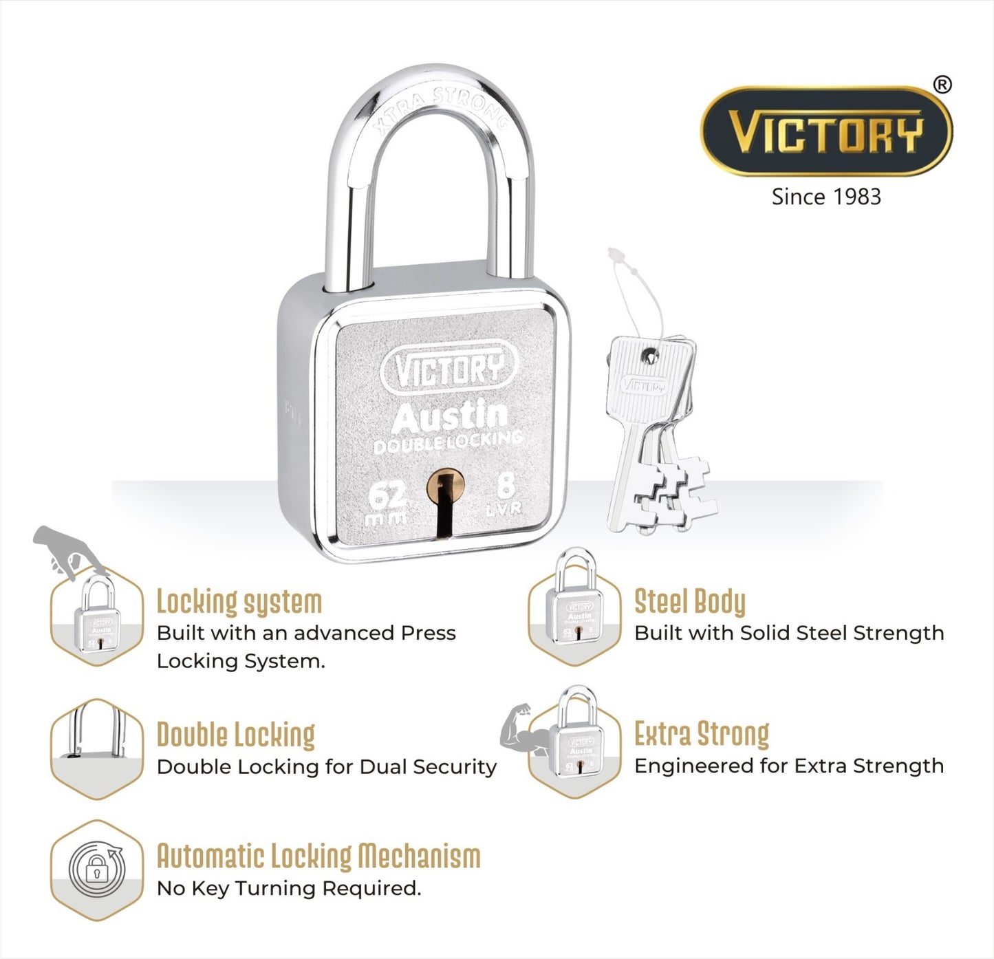 Victory Austin 62mm Auto Locking Double Lock Padlock | 8 Lever | Extra Strong Security