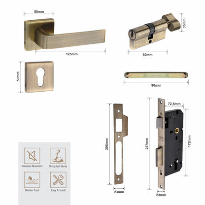 Brass Rosette Handle| 60mm Brass Cylinder | 3 Brass Keys | One-side knob