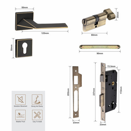 Brass Rosette Handle| 60mm Brass Cylinder | 3 Brass Keys | One-side knob