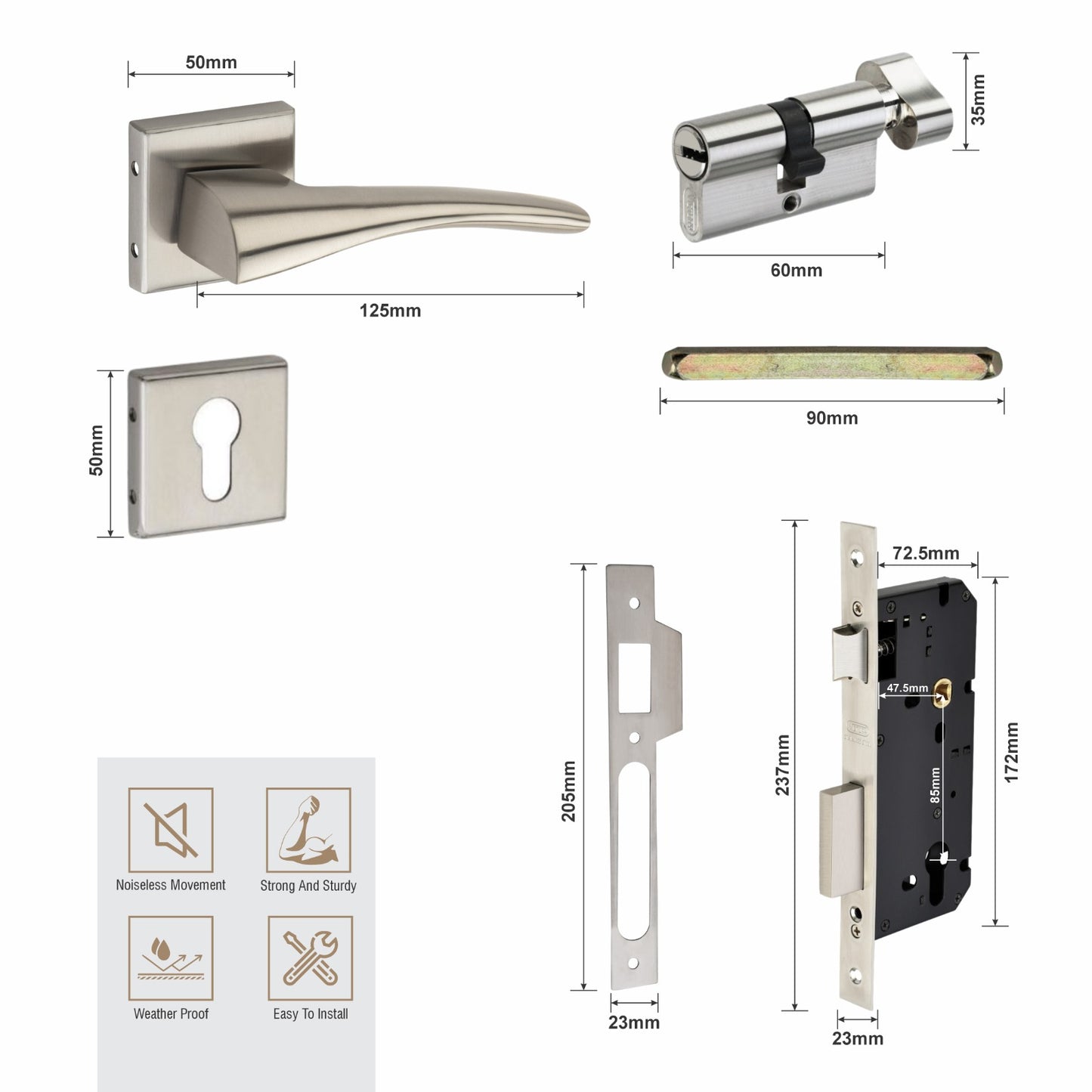 Stainless Steel Rosette Handle | 60mm Cylinder | 3 Brass Keys | One-Side Knob