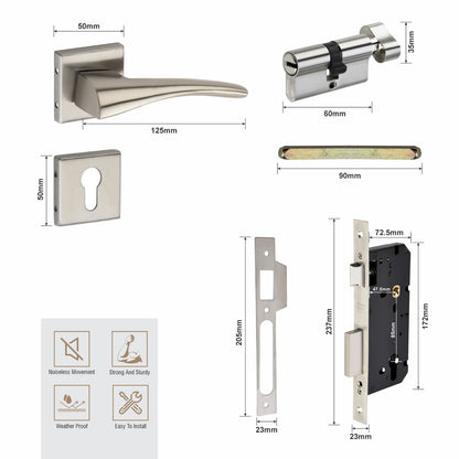 Stainless Steel Rosette Handle | 60mm Cylinder | 3 Brass Keys | One-Side Knob