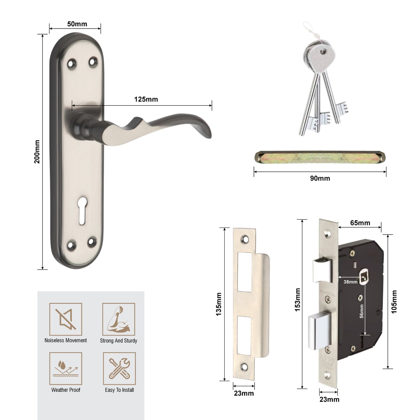 Steel Mortise Handle Lock Set with | 3 Keys