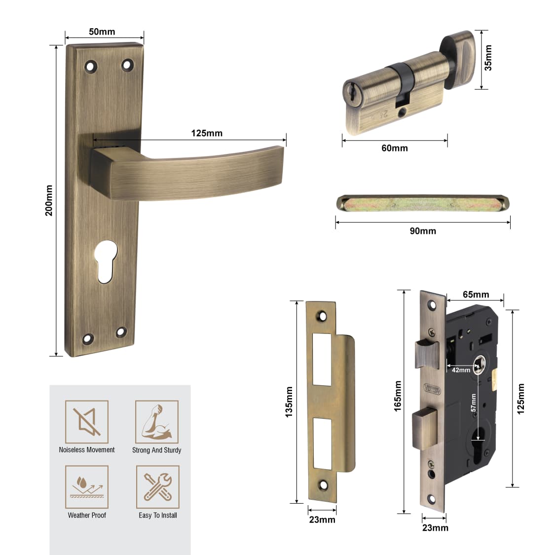 Stainless Steel Mortise Lock| 60mm Brass Cylinder | 3 Brass Keys| One-Side Knob