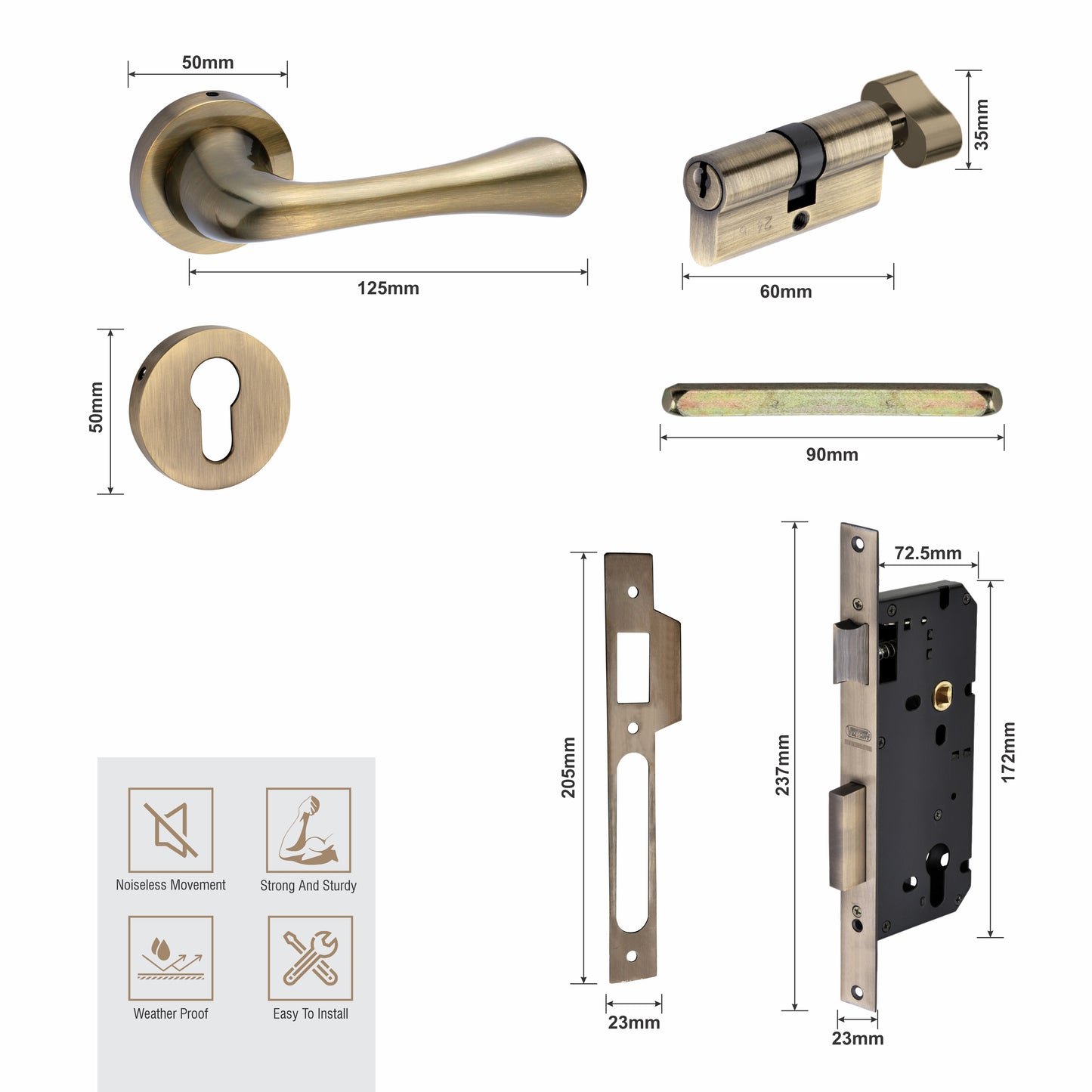 Brass Rosette Handle| 60mm Brass Cylinder | 3 Brass Keys | One-side knob