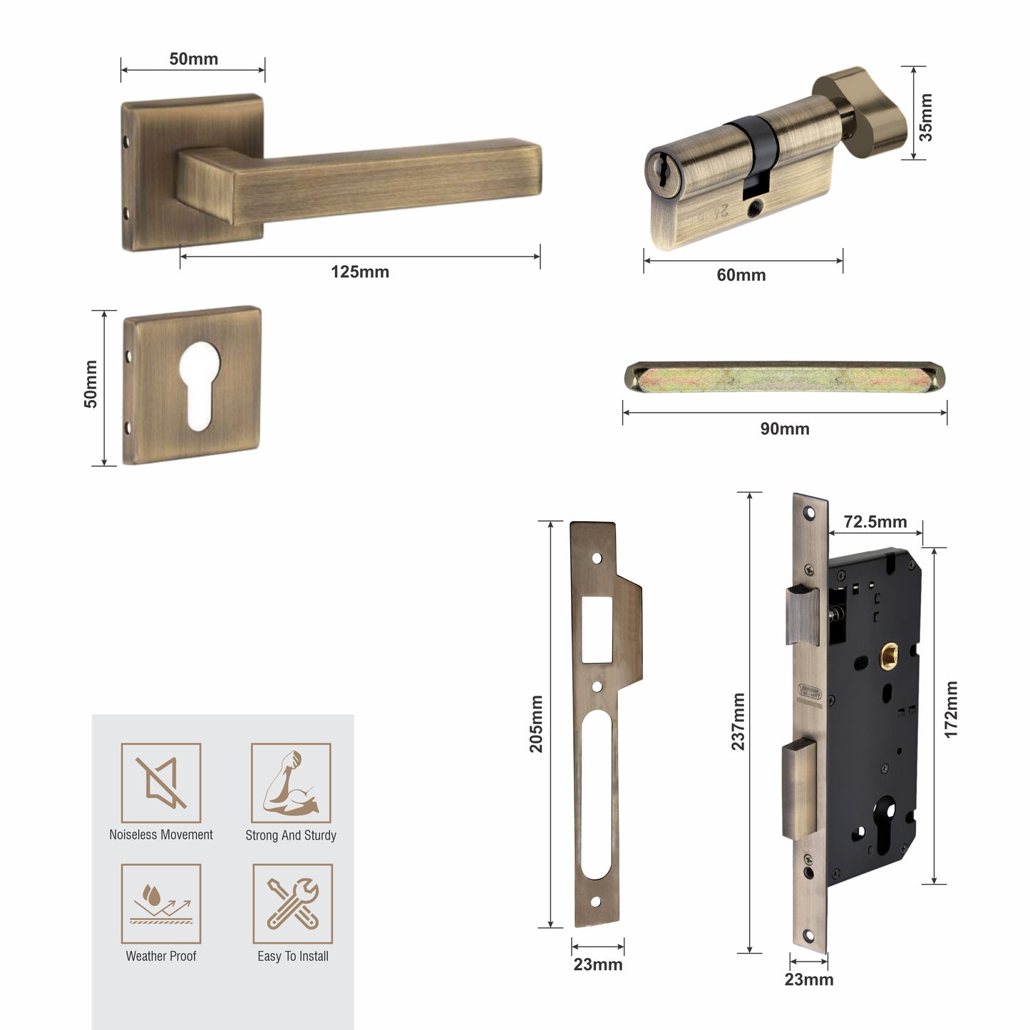Stainless Steel Rosette Handle | 60mm Cylinder | 3 Brass Keys | One-Side Knob