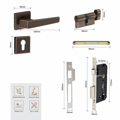 Brass Rosette Handle| 60mm Brass Cylinder | 3 Brass Keys | One-side knob