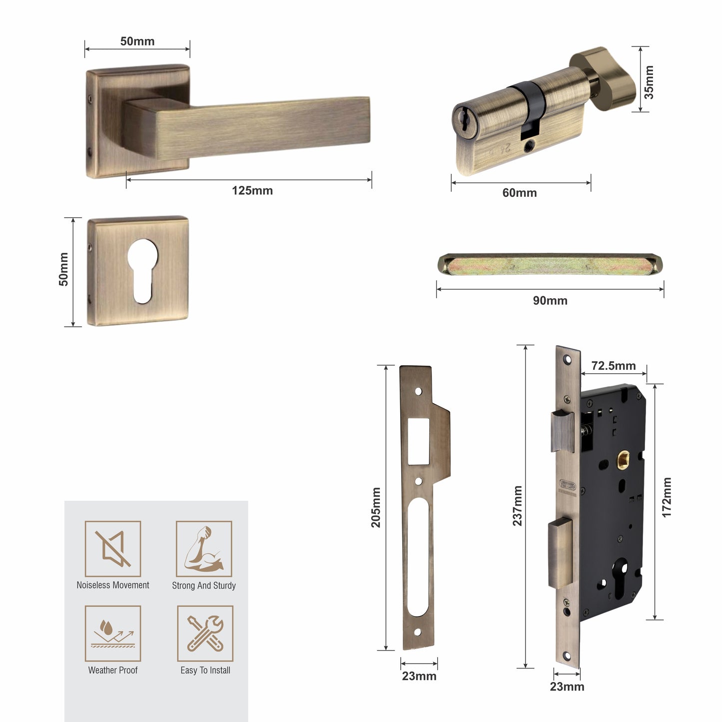 Stainless Steel Rosette Handle | 60mm Cylinder | 3 Brass Keys | One-Side Knob