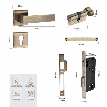 Stainless Steel Rosette Handle | 60mm Cylinder | 3 Brass Keys | One-Side Knob