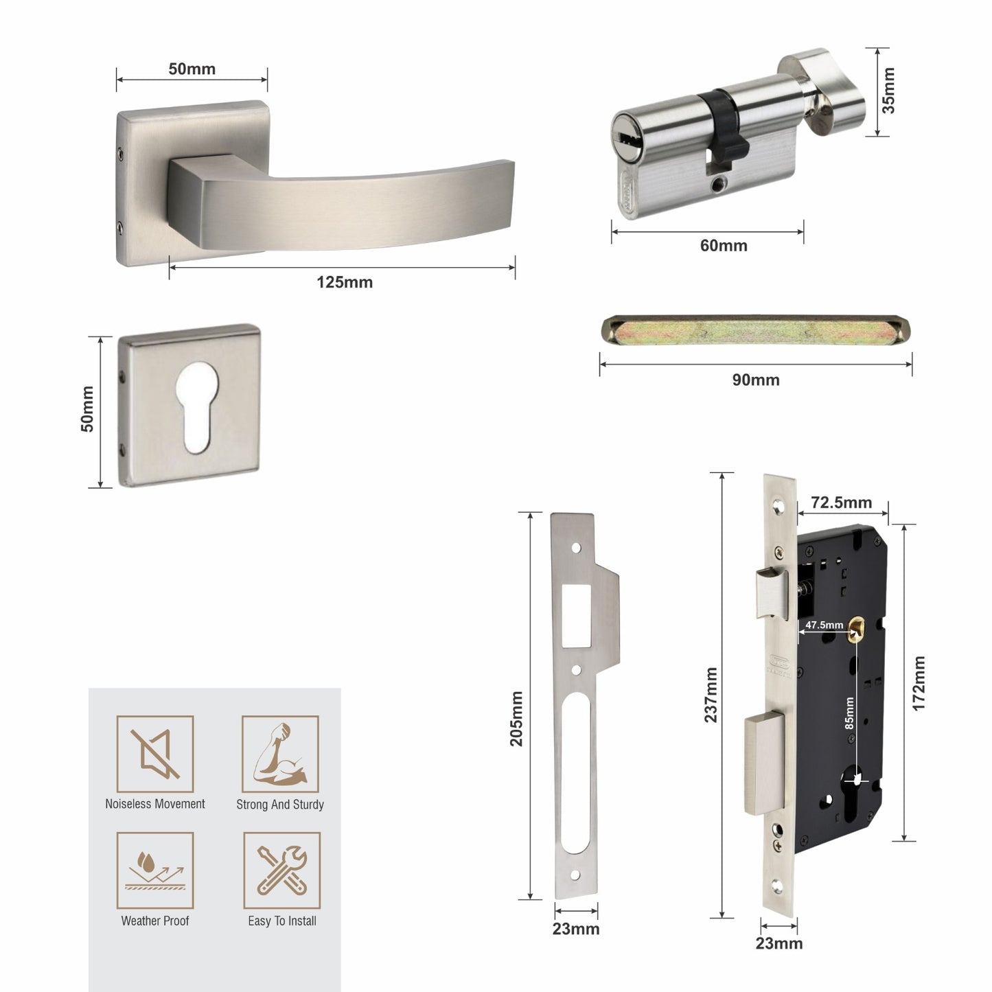 Stainless Steel Rosette Handle | 60mm Cylinder | 3 Brass Keys | One-Side Knob