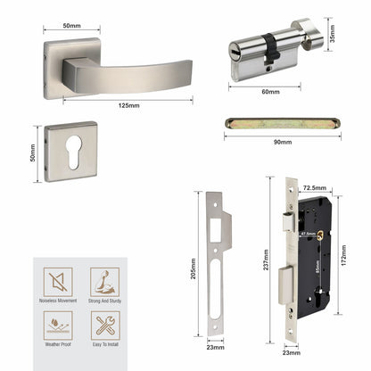 Stainless Steel Rosette Handle | 60mm Cylinder | 3 Brass Keys | One-Side Knob