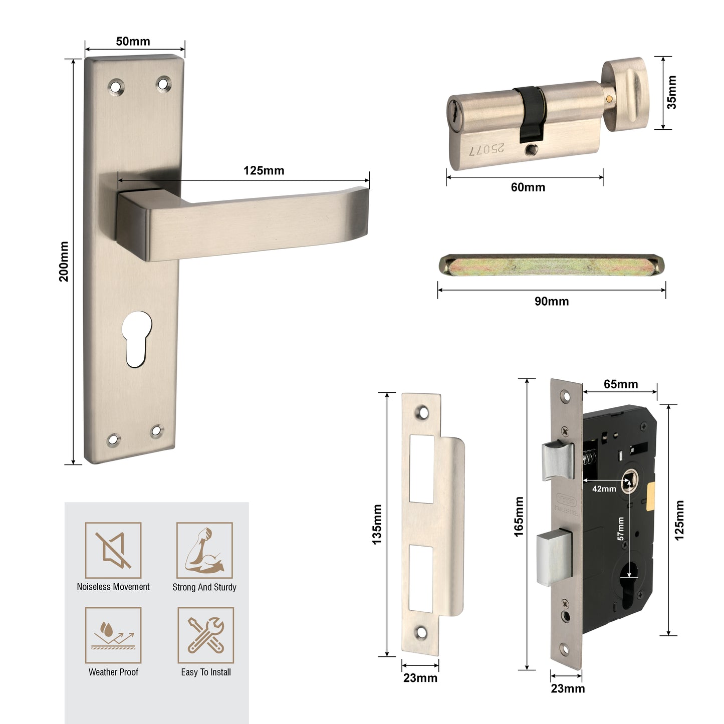 Stainless Steel Mortise Lock| 60mm Brass Cylinder | 3 Brass Keys| One-Side Knob
