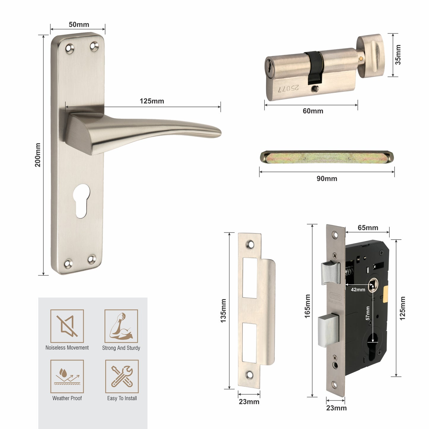 Stainless Steel Mortise Lock | 60mm Brass Cylinder | 3 Brass Keys | One-Side Knob