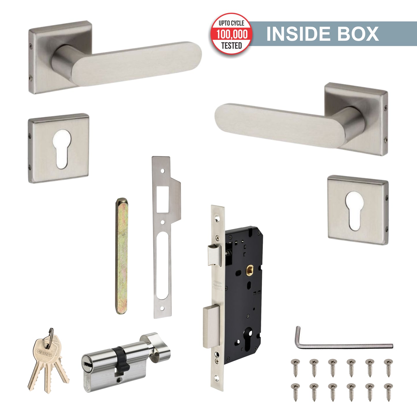 Stainless Steel Rosette Handle | 60mm Cylinder | 3 Brass Keys | One-Side Knob