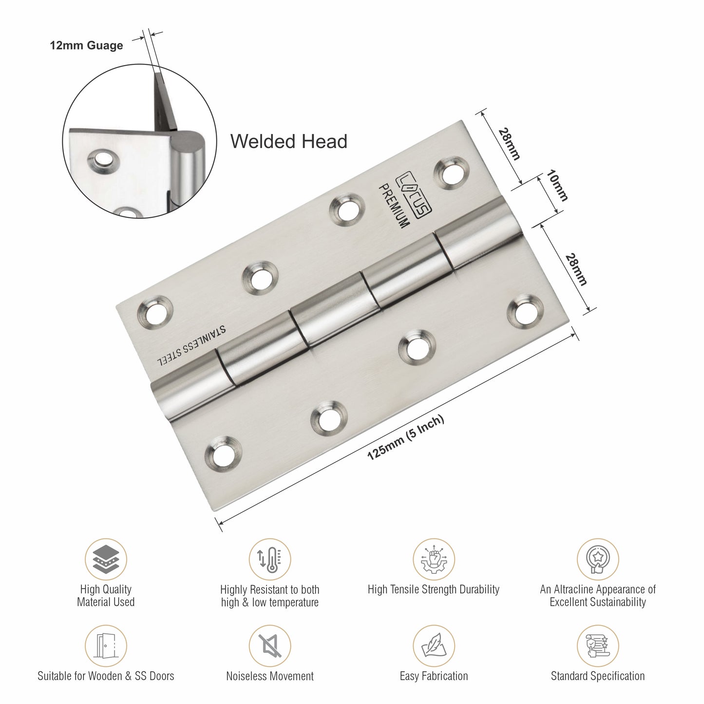 Stainless Steel Premium Hinges | 5×12 | Pack of 12 Pcs.