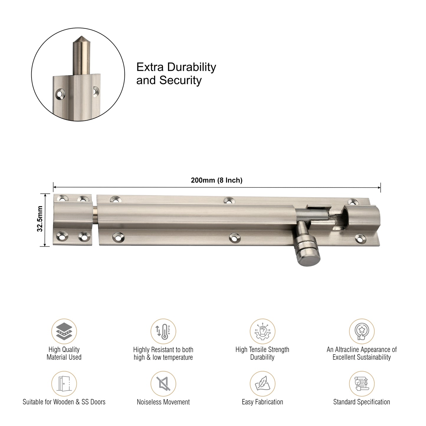 Heavy-Duty Tower Bolt with Smooth Slide Action (8 inch)