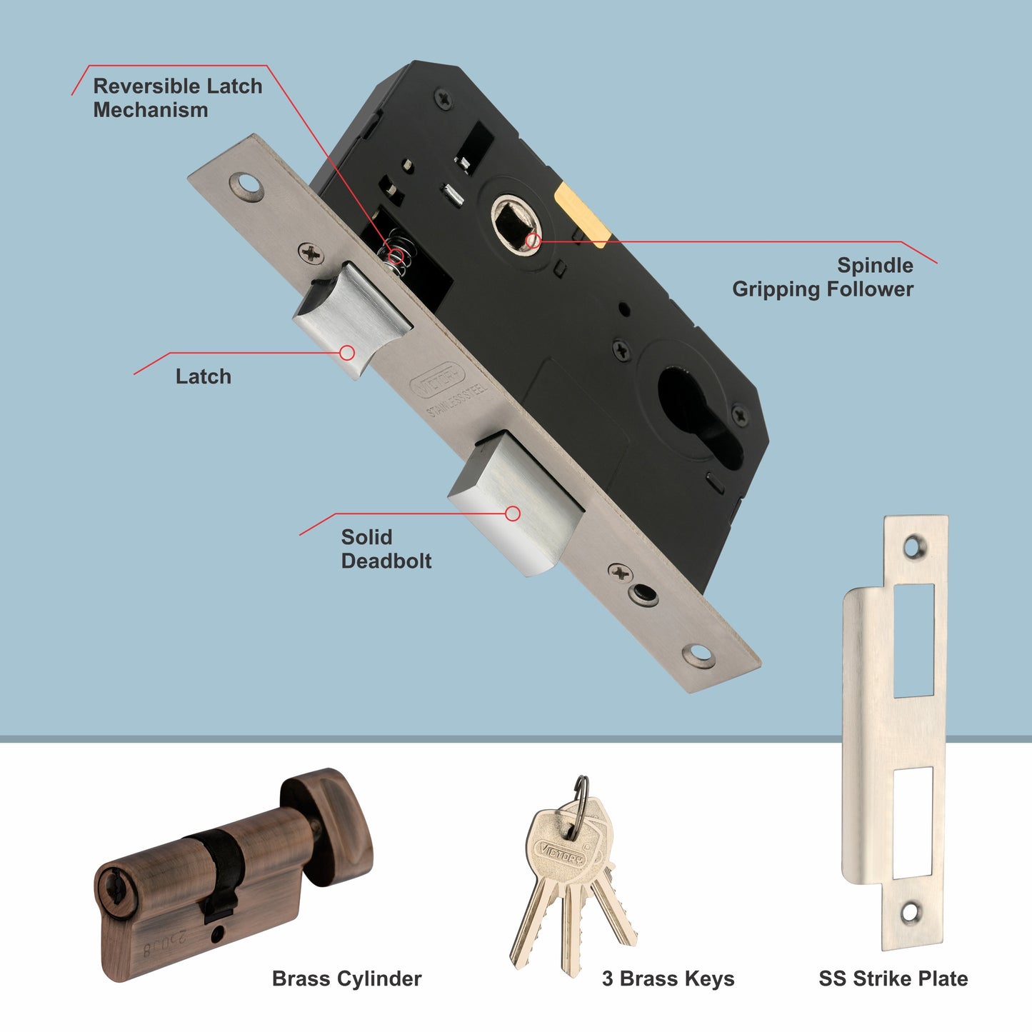 Stainless Steel Mortise Lock| 60mm Brass Cylinder | 3 Brass Keys| One-Side Knob